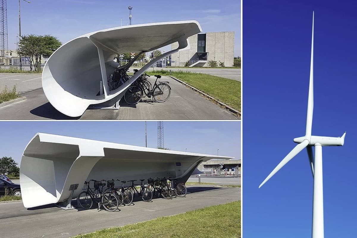Dinamarca reutiliza aspas de aerogeneradores viejos como refugios para bicicletas